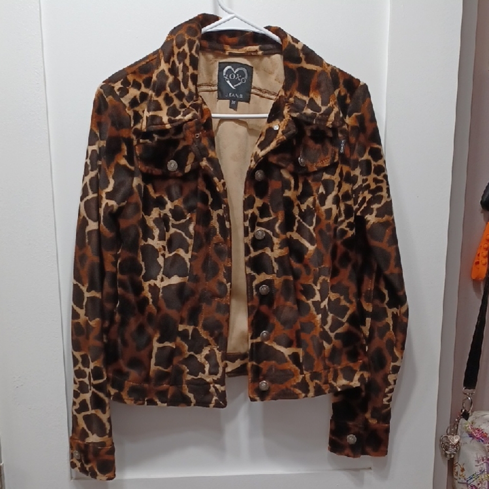 Velour Animal Print Giraffe Spotted Jacket, Button up with Pockets, Medium XOXO